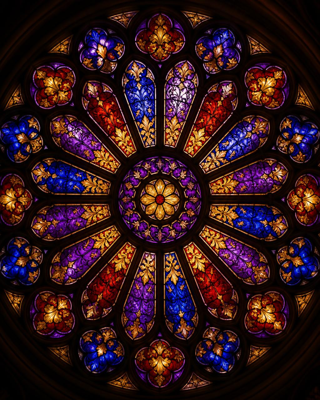 Backlit stained-glass rose window in royal blue, amethyst, garnet and gold